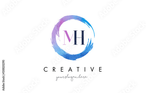 MH Letter Logo Circular Purple Splash Brush Concept.