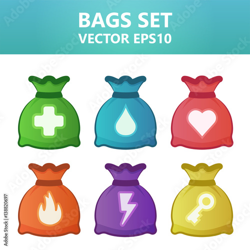 Colorful vector illustration bags with gaming symbols.Assets set for game design and web application.