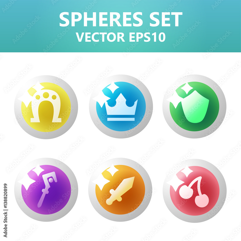 Colorful vector spheres set with symbols inside. Assets set for game design and web application.