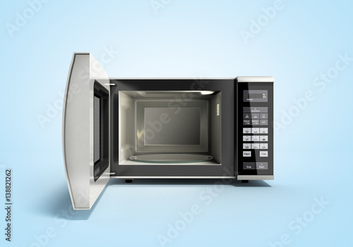 Microwave stove open on blue 3d illustration