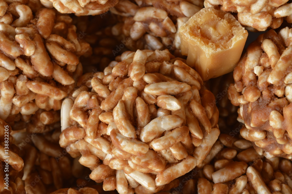 Homemade expanded rice cookies with sweet candy fudge. Homemade expanded rice cookies with sweet candy fudge.