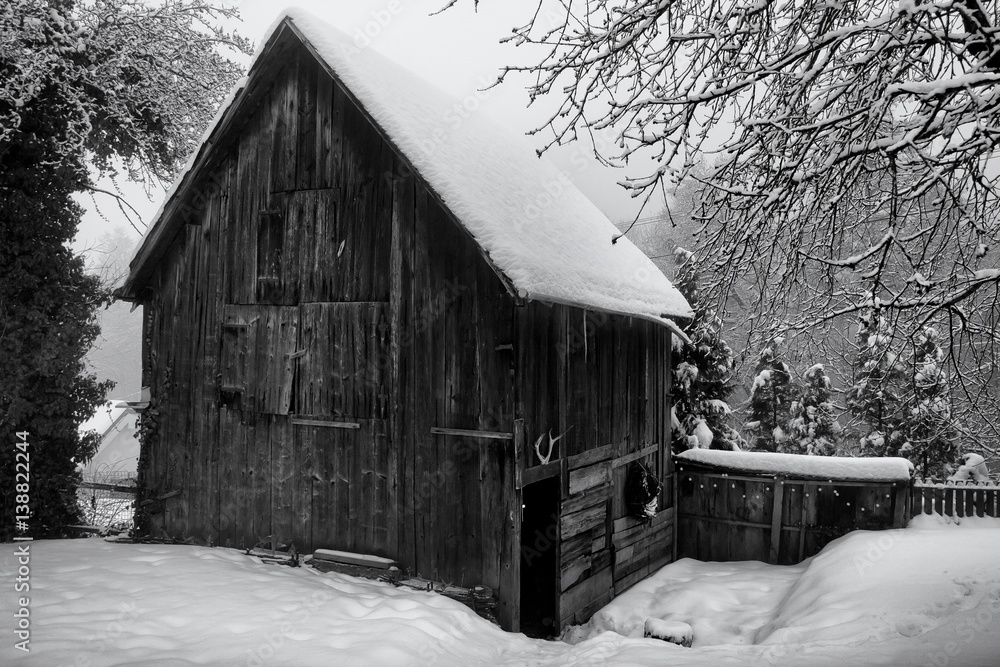 Lonely Wooden cabin in Winter Misty Morning Lonely Wooden cabin in Winter Misty Morning