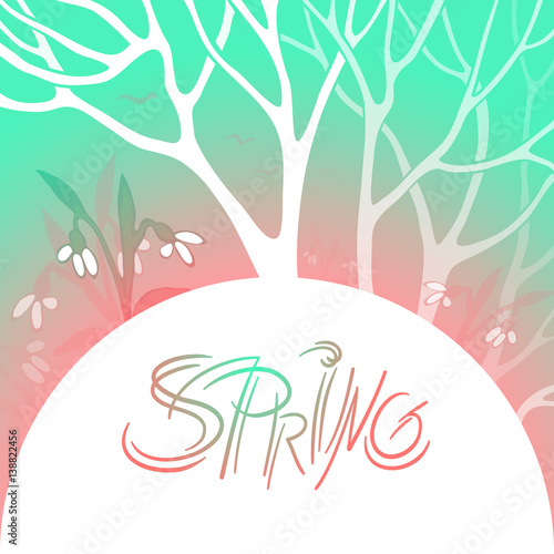 Spring bright vector illustration. March, flowering snowdrops in a snowy forest. Branches of trees and flowers. Semicircle space for text. Elements design for spring banners, sales, advertisement.