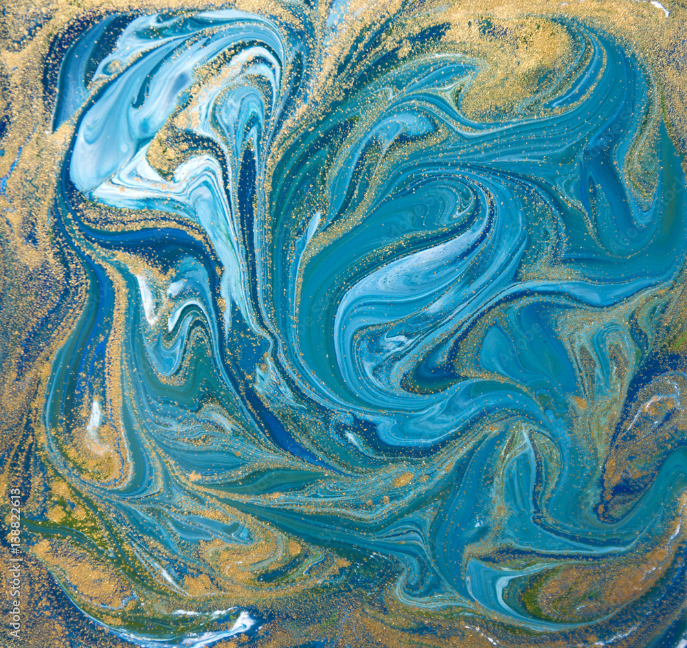 Blue, green and gold liquid texture. Hand drawn marbling background. Ink marble abstract pattern Blue, green and gold liquid texture. Hand drawn marbling background. Ink marble abstract pattern