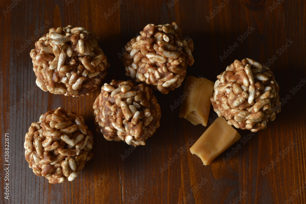 Homemade expanded rice cookies with sweet candy fudge. Homemade expanded rice cookies with sweet candy fudge.