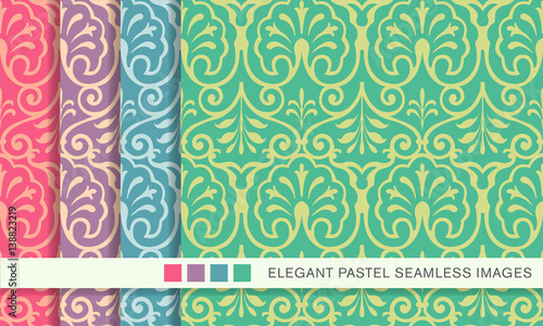 Seamless pastel background set curve spiral cross frame leaf