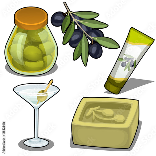 Set of soap, cream, cocktails and marinated olives