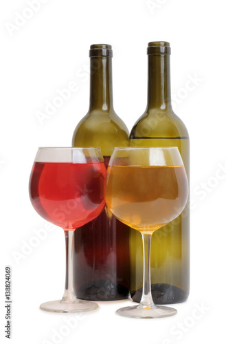 Glass and bottle wine on white background