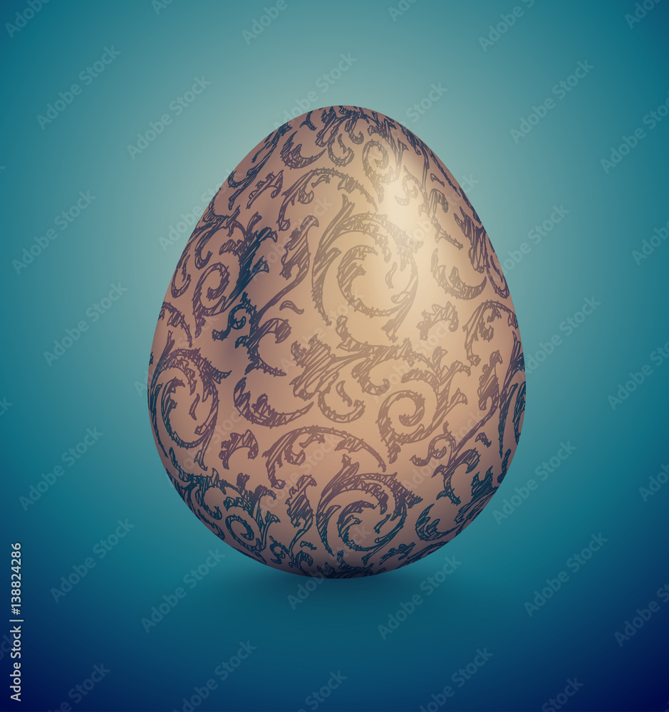 Glossy realistic golden egg with blue ink handdrawn floral pattern. Isolated on turquoise background. Vintage banner, card, poster for Easter, business benefit concept Glossy realistic golden egg with blue ink handdrawn floral pattern. Isolated on turquoise background. Vintage banner, card, poster for Easter, business benefit concept