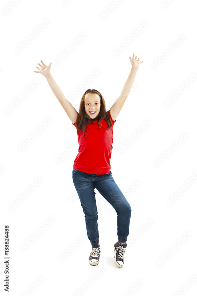 Success young girl dancing and celebrating. Isolated on white background. Success young girl dancing and celebrating. Isolated on white background.