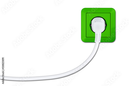 green electric socket with white cable and connector concept isolated on white background / Steckdose mit Stecker und Kabel grün Ökostrom Konzept isoliert