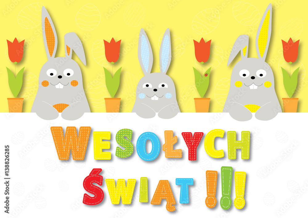 Kartka wielkanocna, zające, tekst Wesołych Świąt