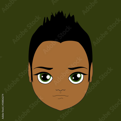 kawaii annoyed dark face man with big green eyes Anime