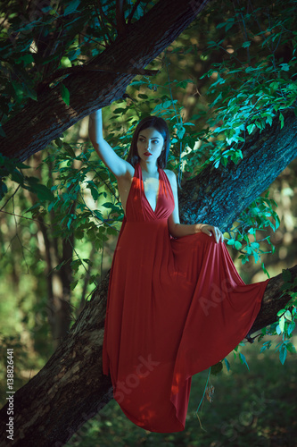Beautiful woman in red dress in fairy forest.