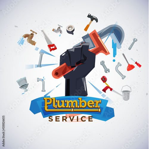 plumber hand fist Plumbing tools in hand with equipment - vector illustration