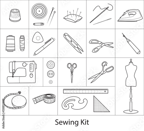 Sewing tools kit, line vector icons