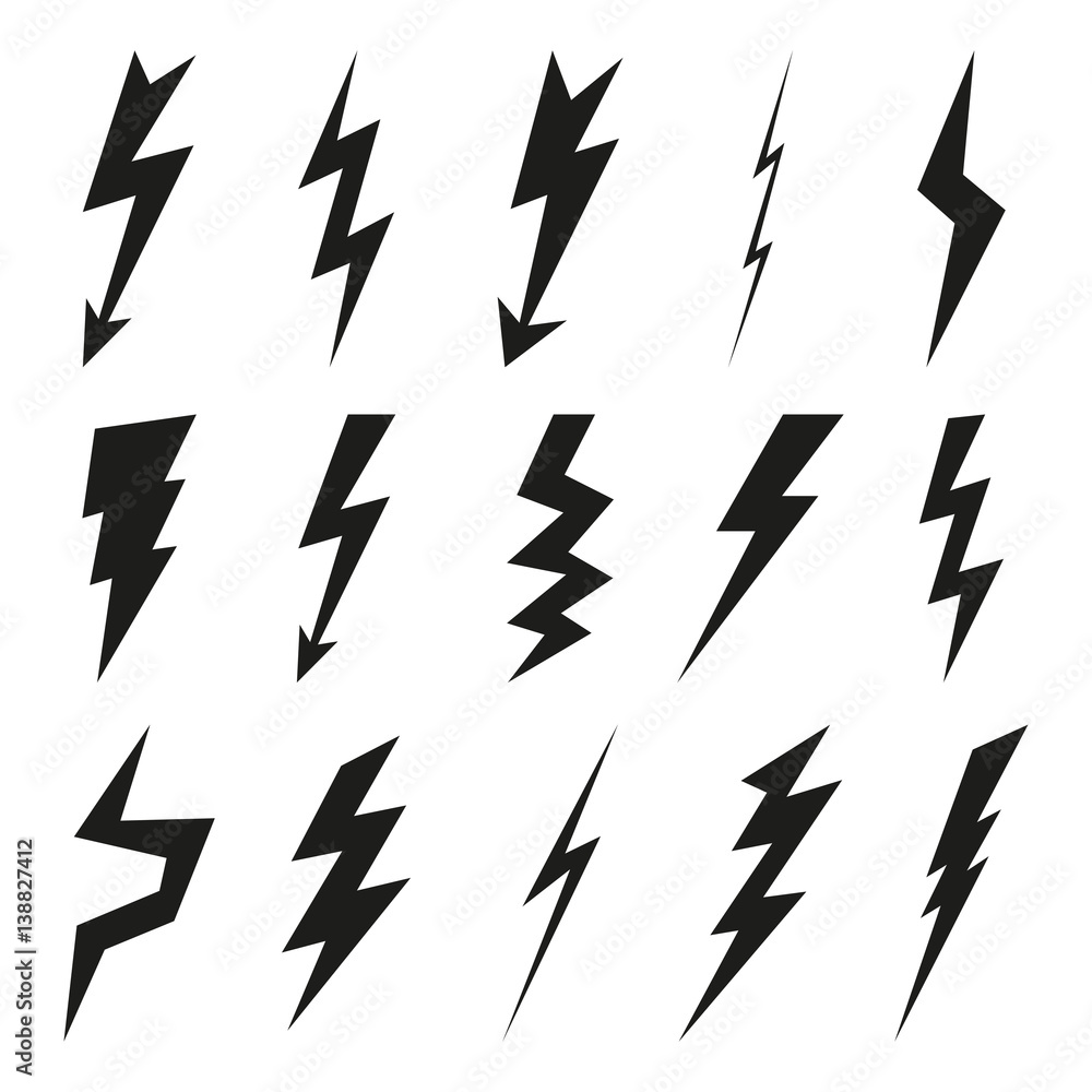 Lightning icon set. Electricity thunder and danger symbol. Lightning strike, Flash and arrow black icons isolated on white background. Storm lightning silhouettes. Vector illustration. Lightning icon set. Electricity thunder and danger symbol. Lightning strike, Flash and arrow black icons isolated on white background. Storm lightning silhouettes. Vector illustration.