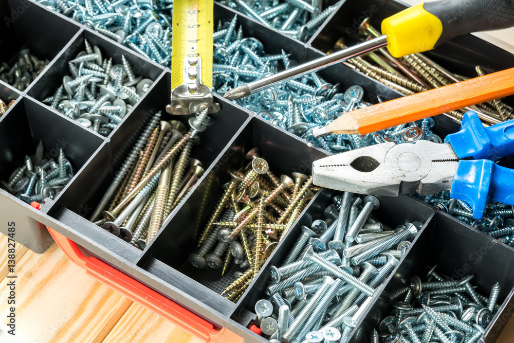 many screws in plastic organizer box, work tools