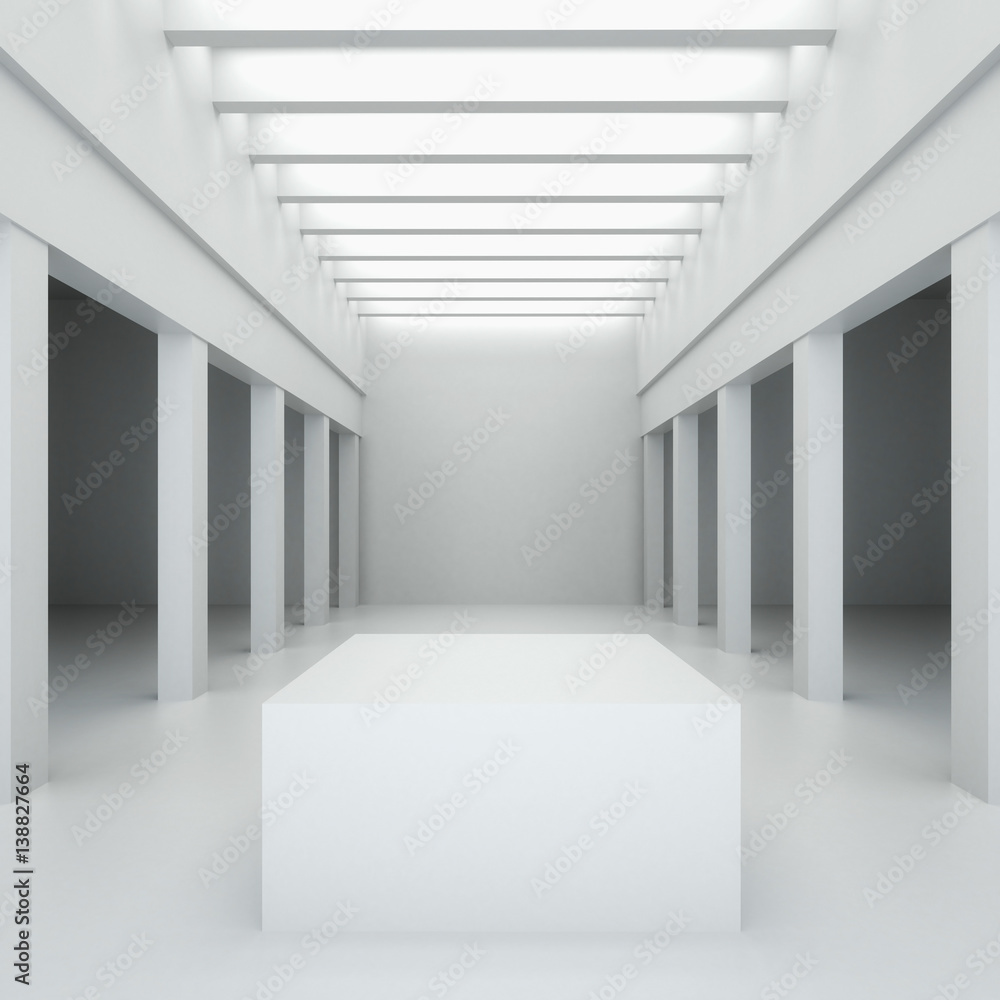 Obraz premium Ilustracja 3D. Białe wnętrze nieistniejącego budynku z kolumnami i belkami stropowymi oraz górnym oświetleniem w perspektywie. Widok symetryczny, renderowanie. Stojak do prezentacji obiektów.