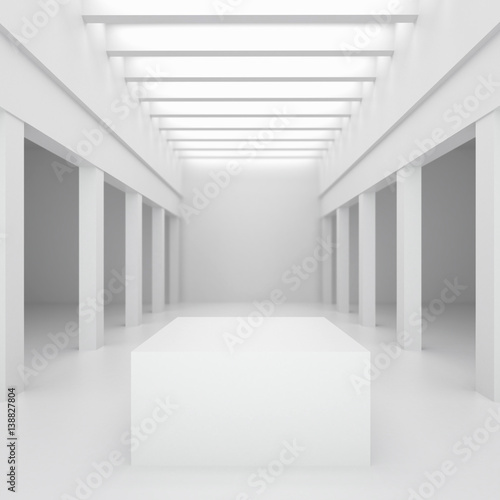 3d illustration. White interior of of not existing building with columns, beamed ceilings and top light in perspective. Symmetrical view, render, blurred background. Stand for presentation of objects