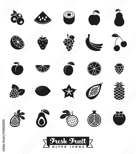 Fruit Glyph Icon Vector Set. Collection of 25 fruit symbols.