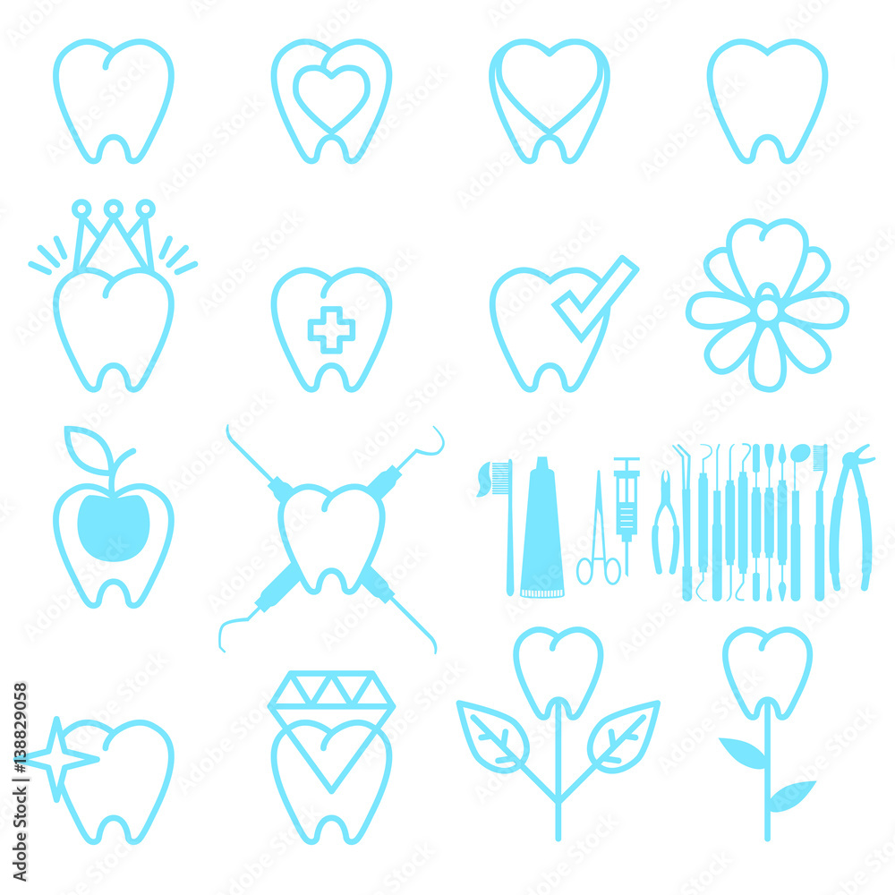 Tooth line icons, symbols and design elements. Tooth signs for stomatology, dentist and dental care clinics. Dental instruments set design concept. Vector illustration