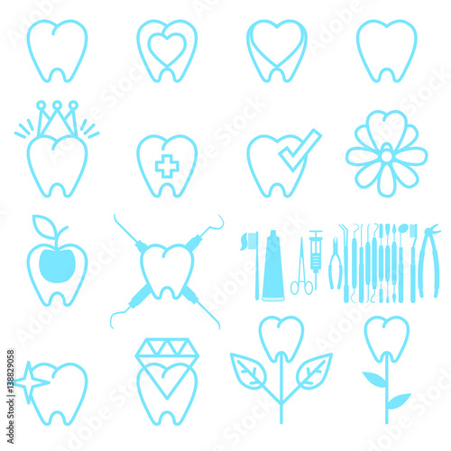 Tooth line icons, symbols and design elements. Tooth signs for stomatology, dentist and dental care clinics. Dental instruments set design concept. Vector illustration