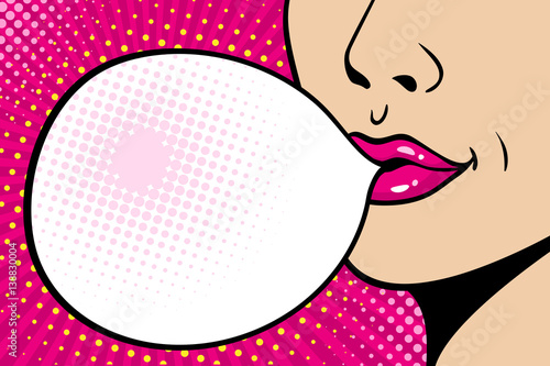 Close-up female face. Sexy pink lips with big gum speech bubble. Vector bright background in comic retro pop art style.