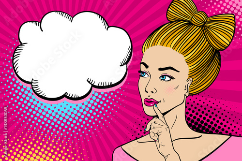 Young sexy blonde woman smiling with open mouth  with a bow made of hair looking at speech bubble reflectively. Vector hand-drawn colorful background in pop art retro comic style.