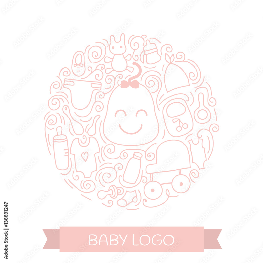 Baby care elements in circle design. Vector Baby logo concept with items for child - pacifier, stroller, clothing, bottle and other . Isolated on white background. Baby care elements in circle design. Vector Baby logo concept with items for child - pacifier, stroller, clothing, bottle and other . Isolated on white background.