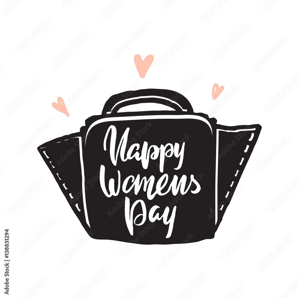 Happy Womens Day hand drawn lettering inside woman bag. Creative artistic greeting background with hand drawn elements. Vector Illustration Happy Womens Day hand drawn lettering inside woman bag. Creative artistic greeting background with hand drawn elements. Vector Illustration