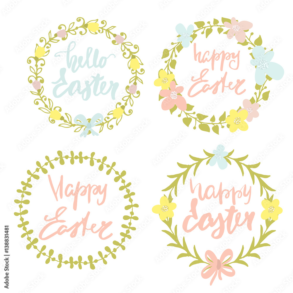 Happy Easter text in decorative floral wreathes. Greeting Easter floristic wreathes set. Vector Illustration