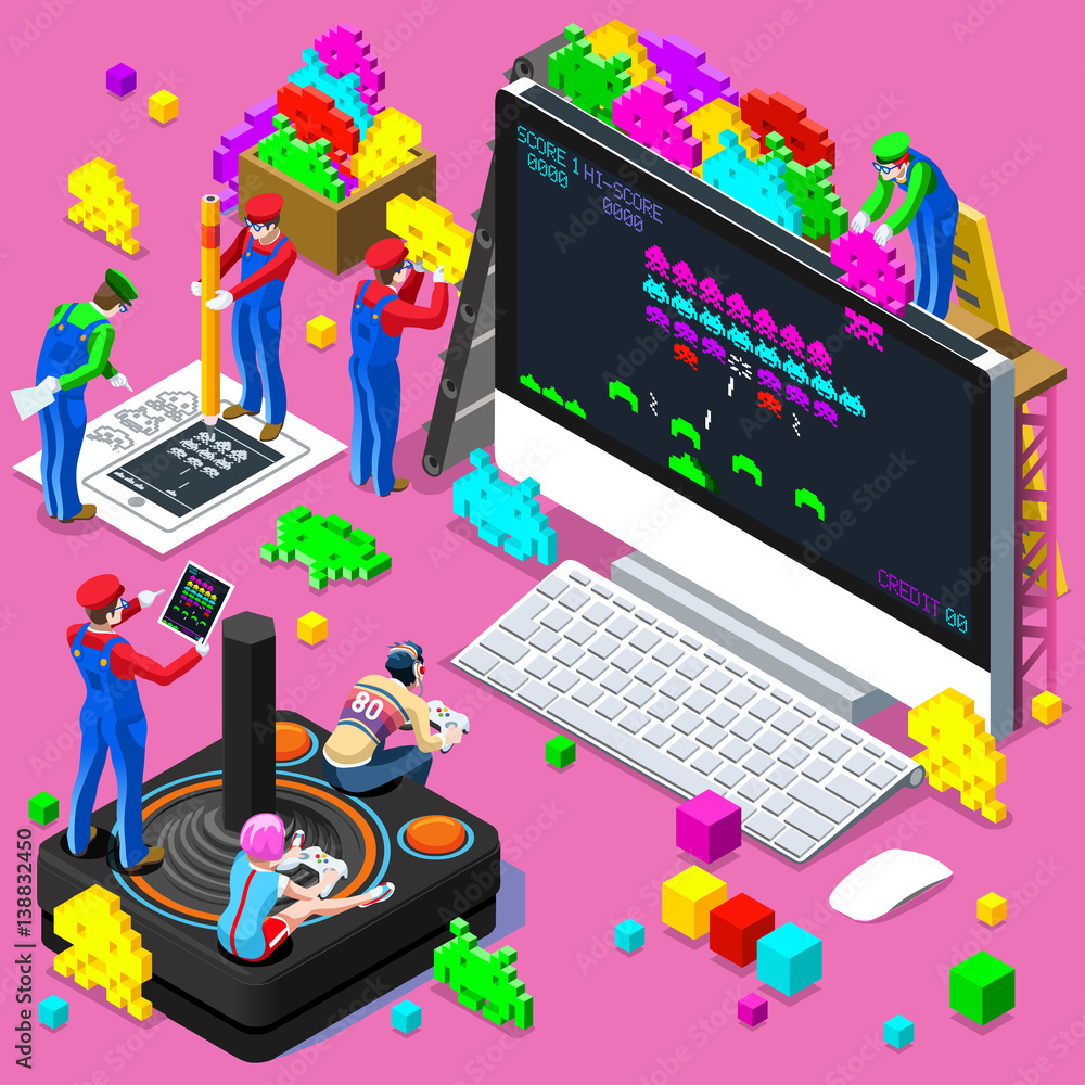 Retro Video game screen and gamer person playing online with console  controller android phone or computer. 3D Isometric People icon set.  Creative design vector illustration collection Векторный объект Stock |  Adobe Stock