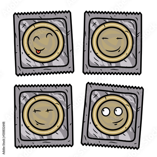 Set of condom. Cartoon condom set. Vector cartoon comic characters.