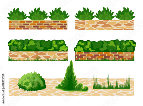 Different options of masonry and garden plants. 