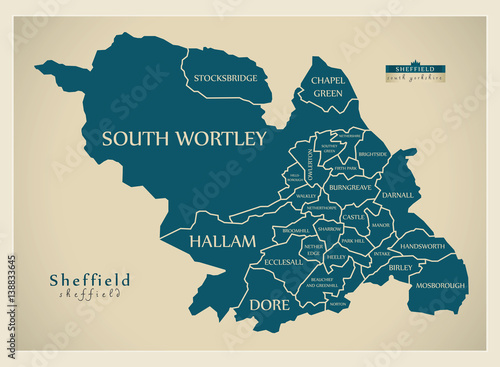 Modern City Map - Sheffield with labelled wards illustration