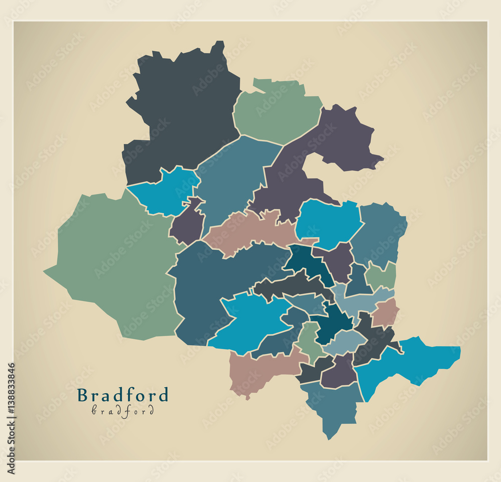 Modern City Map - Bradford with coloured boroughs illustration