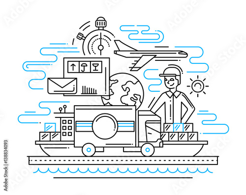 Delivery service line flat design illustration with male and cargo