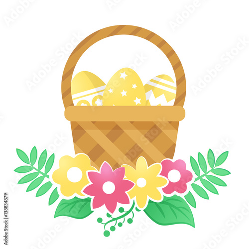 Color basket with Easter eggs and flowers on a white background.
