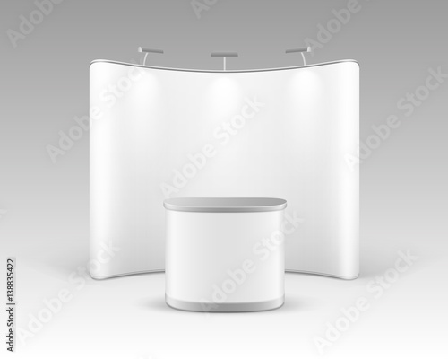 Vector White Blank Trade Exhibition Pop Up Stand for Presentation with Promotion Counter Table and Backlights Isolated on White Background