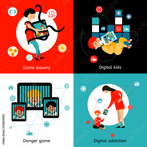 Children Internet Addiction 4 Flat Icons