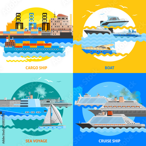 Water Transport 2x2 Flat Design Concept Set