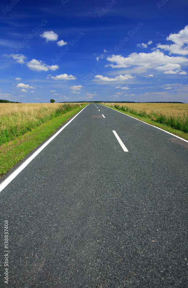 Small Country Lane through Summer Landscape under Blue Sky