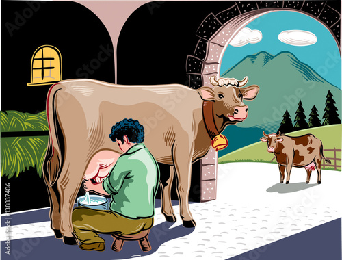 intent farmer milking a cow in the barn
