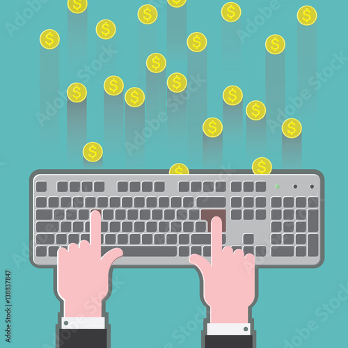 vector illustration depicting a keyboard on which the printed hands and earn money
