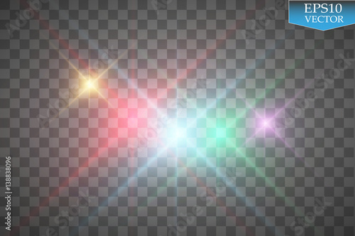 Vector multi colored glowing stars, lights and sparkles on transparent background.