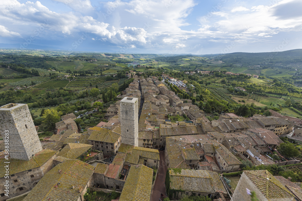 Panorama with landscape of San Gimignano, seen from the highest tower Torre Grosso_Tuscany, Italy, Europe