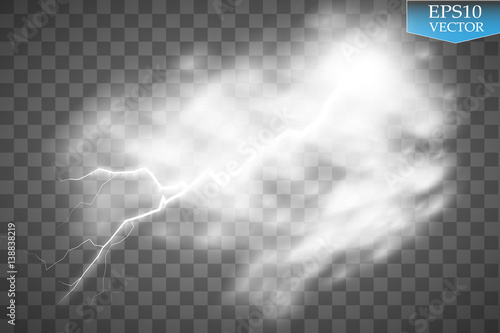 Storm and Lightning with rain and white cloud isolated on transparent background. Vector 