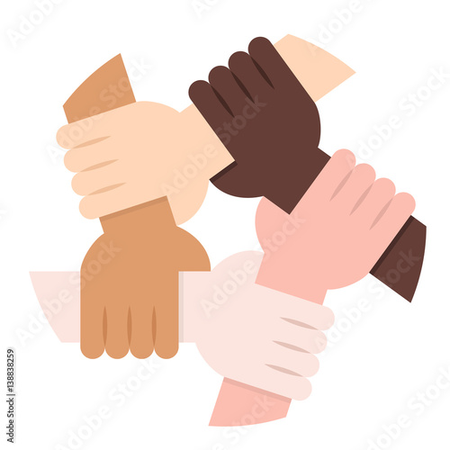 Vector Illustration Of Five Human Hands Holding Eachother For Solidarity And Unity
