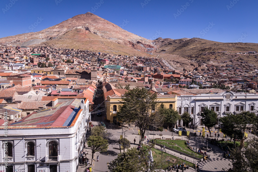 View of the historic center of Potosi, Bolivia overlooking the Plaza 10 de Noviembre